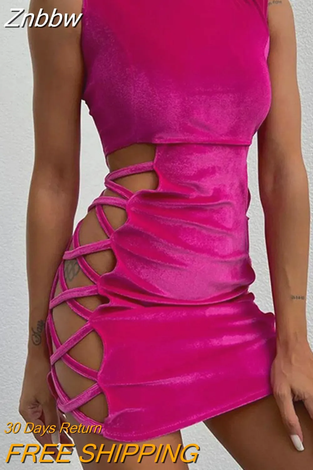 Znbbw Mock Neck Hollow Out Side Sexy Night Club Outfit Women Sleeveless Summer 2023 Bodycon Velvet Short Dresses