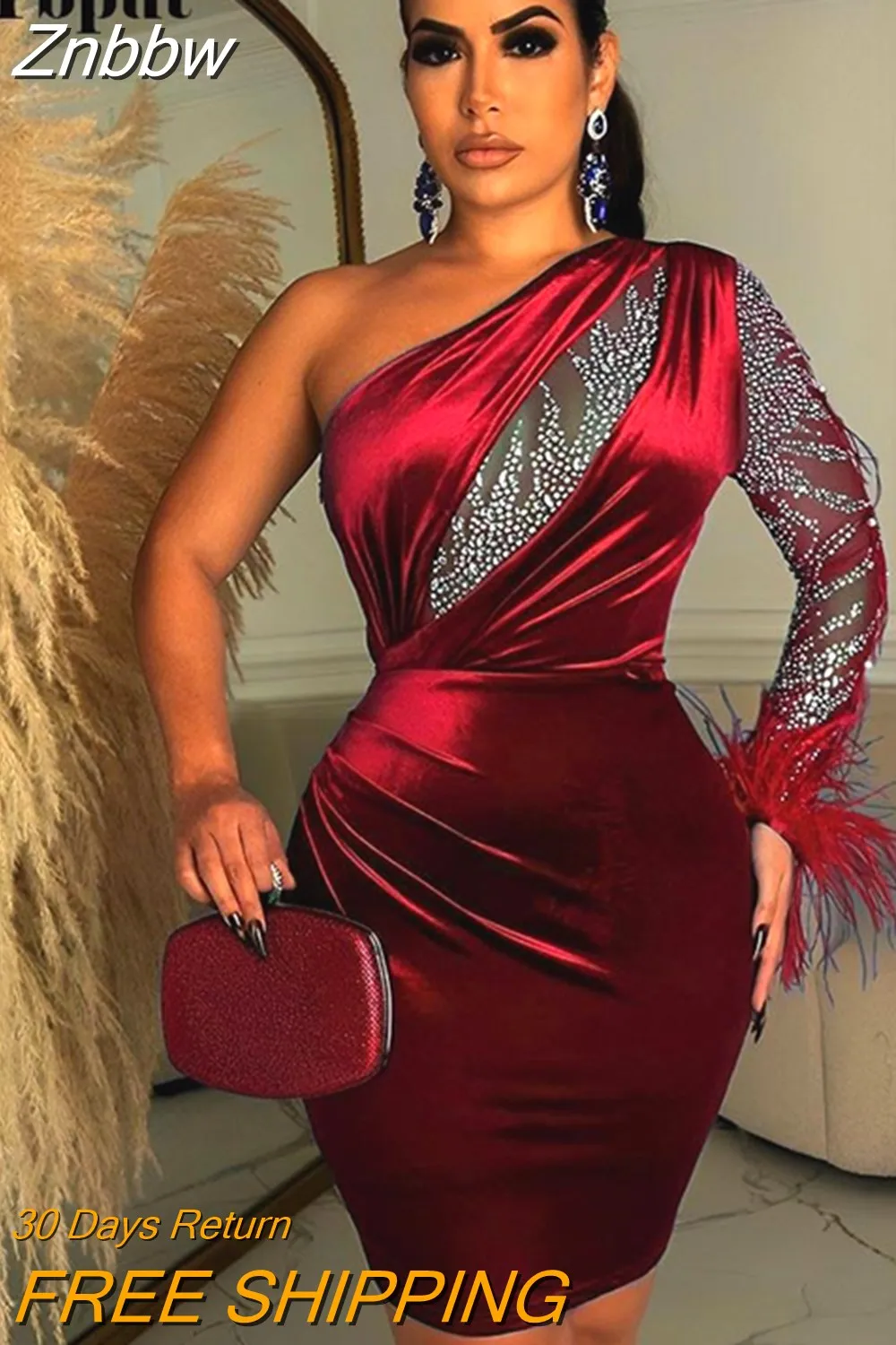 Znbbw Women Velvet Sexy Feather One Shoulder Mini Dress 2023 Long Sleeve Backless Elegant Gown Female Rhinestone Evening Dresses