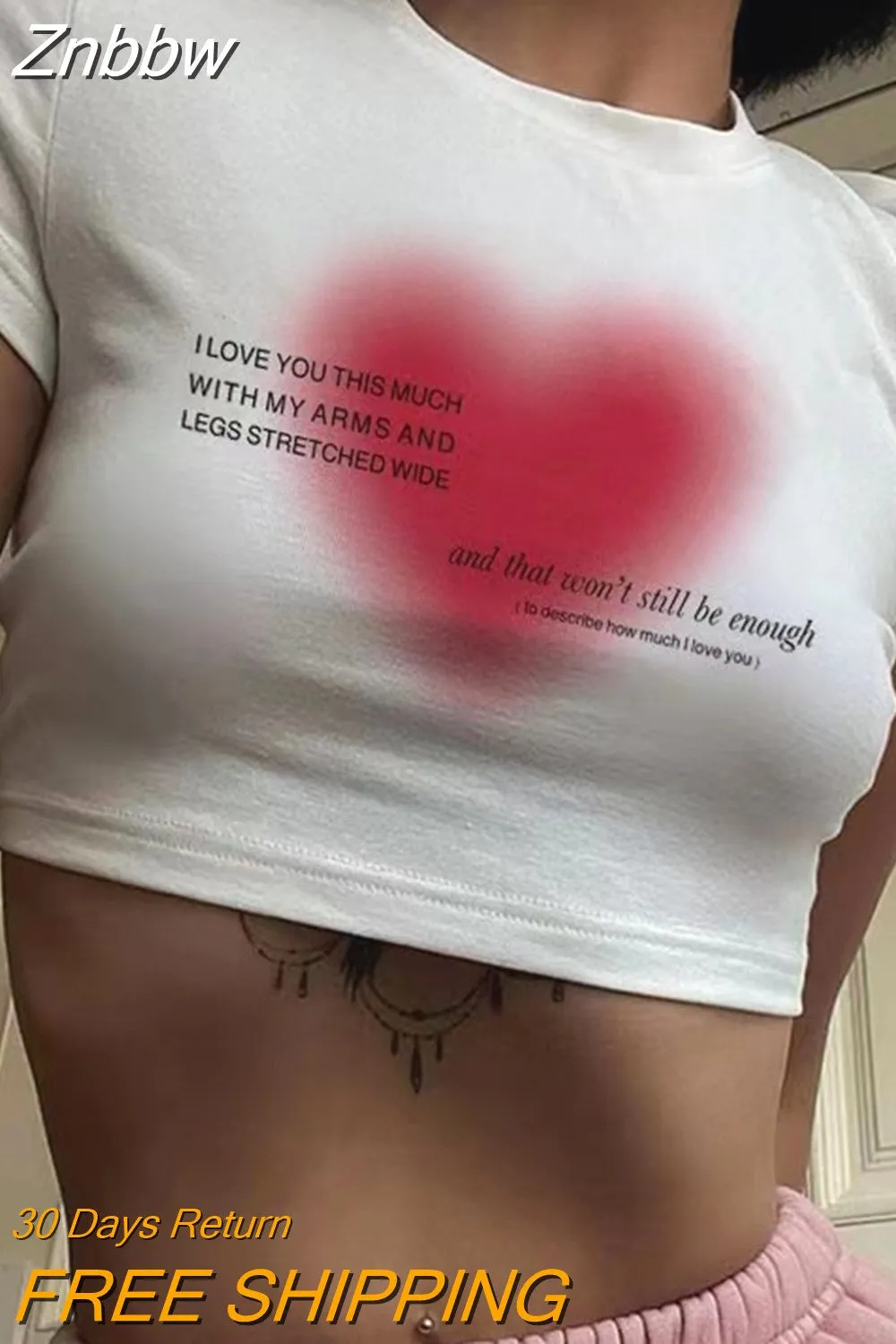 Znbbw Aesthetic Heart Print Women T-shirt Anime Letter Kawaii Crop Tops Summer Short Sleeve Baby Tees Kpop Streetwear Y2k Clothes