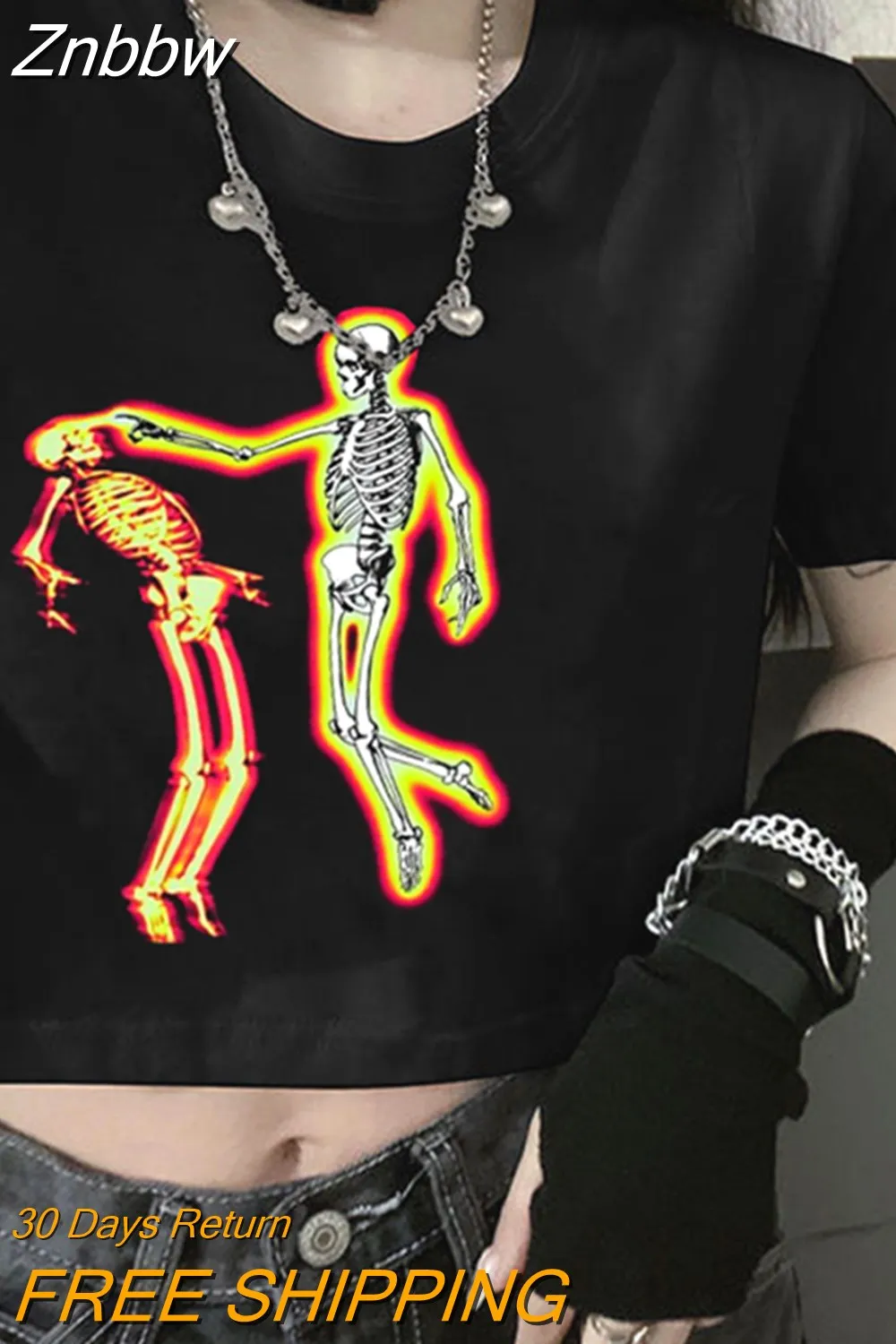 Znbbw Y2k tops skull print top Korean O-neck crop top 90s summer fashion punk casual aesthetic T-shirt vintage aesthetic top