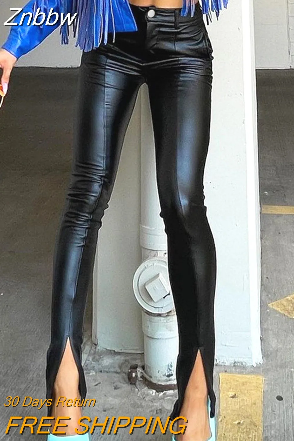 Znbbw Autumn Winter PU Leather Pencil Trousers Women's High Waist Button Slit Hem Pants Office Casual Slim Fit Bottoms