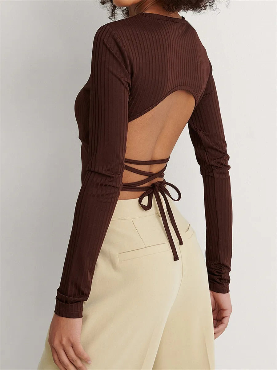 Znbbw Backless Bandage Crop Tops Women Casual Ribbed Short T-Shirts Fall Spring Solid Color Long Sleeve O-Neck Skinny Tees