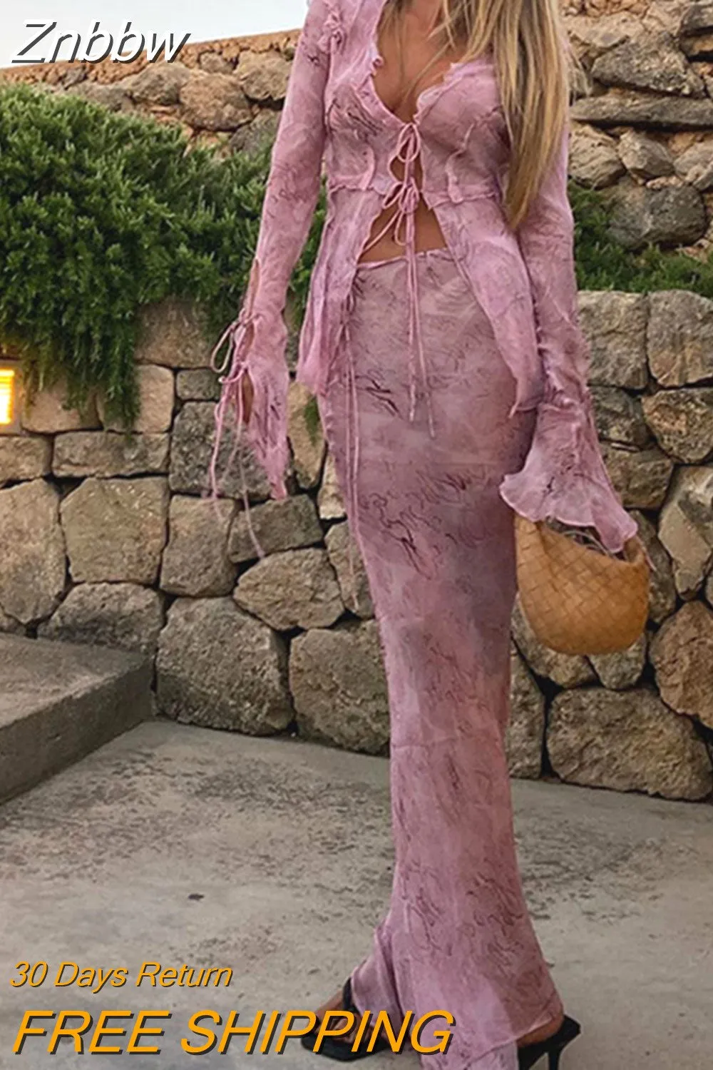 Znbbw Long Sleeve Top Maxi Skirt 2 Piece Sets Women Sexy Bodycon See Through Suit 2023 Female Beach Club Outfits