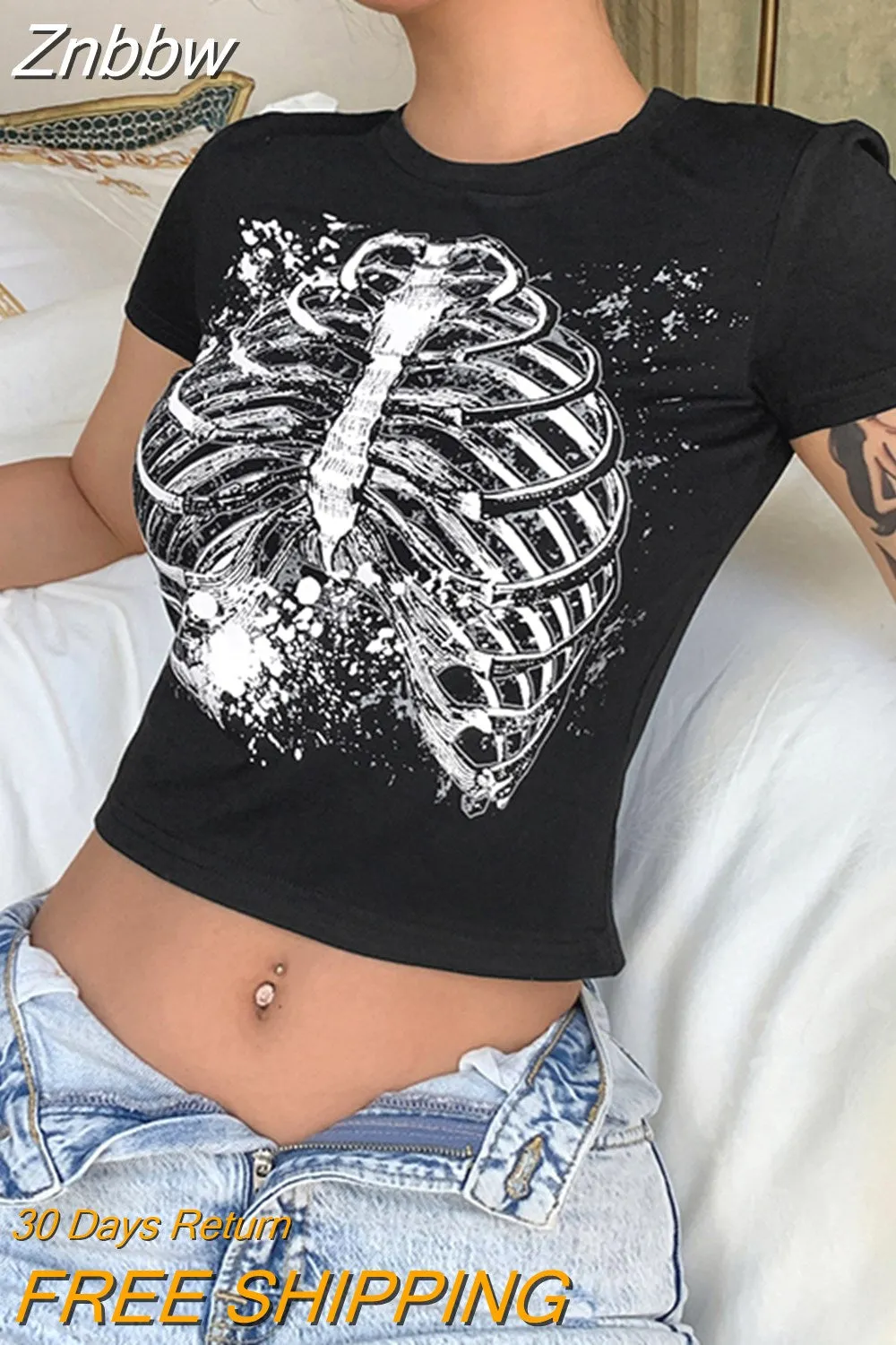 Znbbw Vintage Short-sleeved T-shirt Female Gothic Harajuku Skull Graphics Y2k Aesthetic Crop Top Summer Slim Punk Rock Tee Clothes