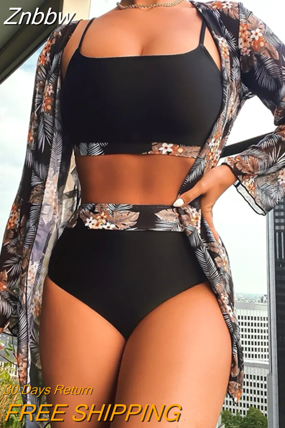 Znbbw Printed Tropical Flower Bikini Swimwear Sets Women High Waist 3 Peice Sets 2023 Fashion Sexy Summer Beach Bathing Suits