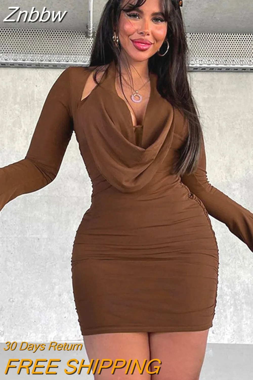 Znbbw Deep V-Neck Bodycon Sexy Night Dress Fall Clothing for Women 2023 Long Sleeve Evening Party Mini Dresses