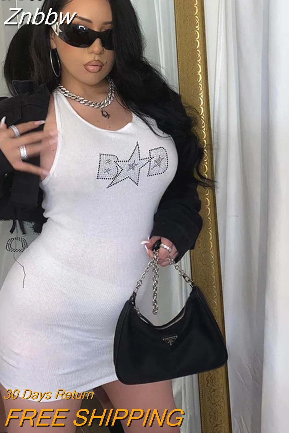 Znbbw Women Summer Fashion Letter Print Bodycon Party Package Hip Soild Color Tank Mini Dress Sundress 2023 Female Clothing