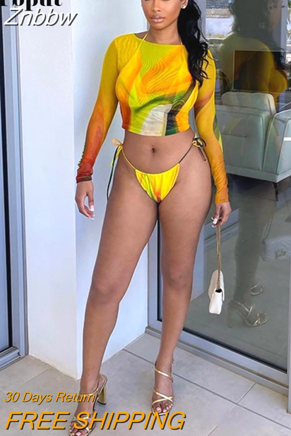 Znbbw Women Sexy Mesh Print Pullovers Fashion O-neck Long Sleeve Skinny Crop Tops 2023 Summer Female Beach Vacation Casual Y2K Shirts
