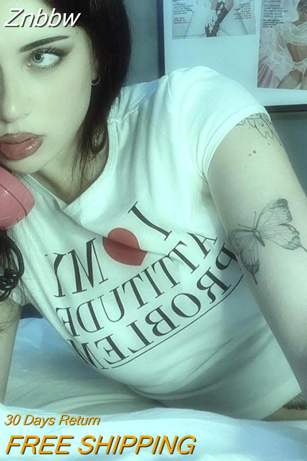Znbbw Fashion Letter Print Fairy Grunge Women Summer E-girl White Crop Tops Slim 90s Streetwear Harajuku Goth Short Sleeve T-shirt