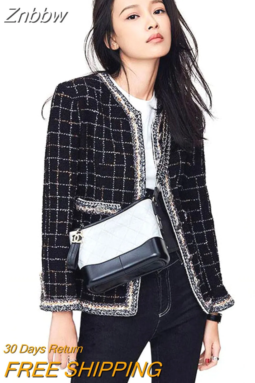 Znbbw Weave Plaid Women Blazer With Pocket Single Breasted Autumn Winter Causal Tweed Coat Office Ladies Suit Jacket