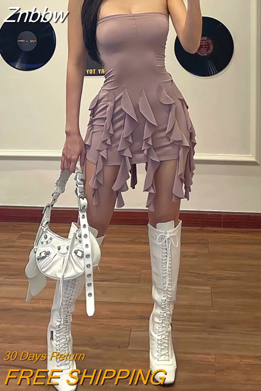 Znbbw Fairy Ruffle Tassels Bodycon Dress 2023 Summer Party Streetwear Outfit Women Off-Shoulder Strapless Irregular Mini Dress