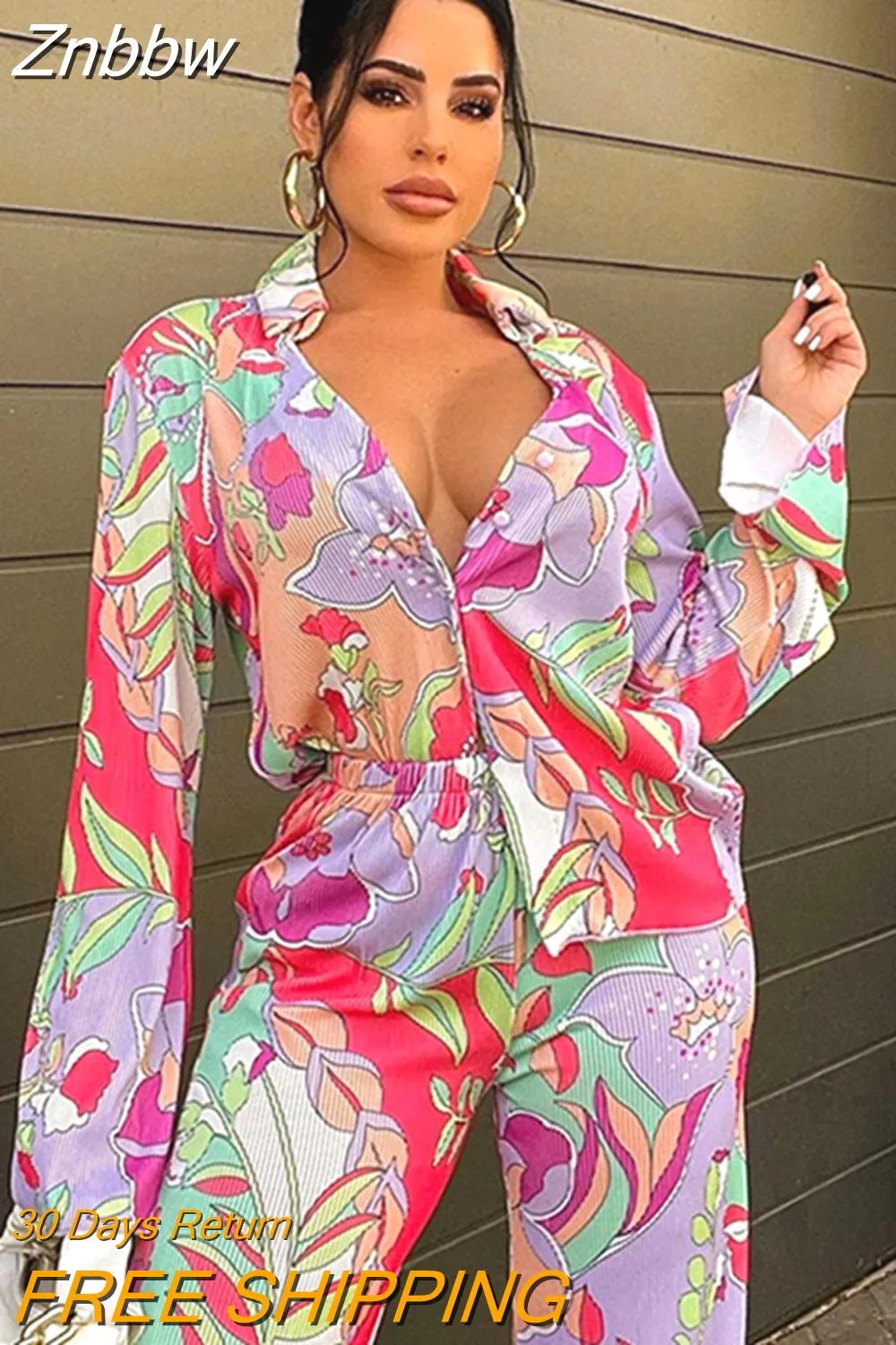 Znbbw Print Long Sleeve Blouses 2 Pecies Set Women Lapel Single-breasted Shits Suits 2023 Autumn High Wait Pants Outfits