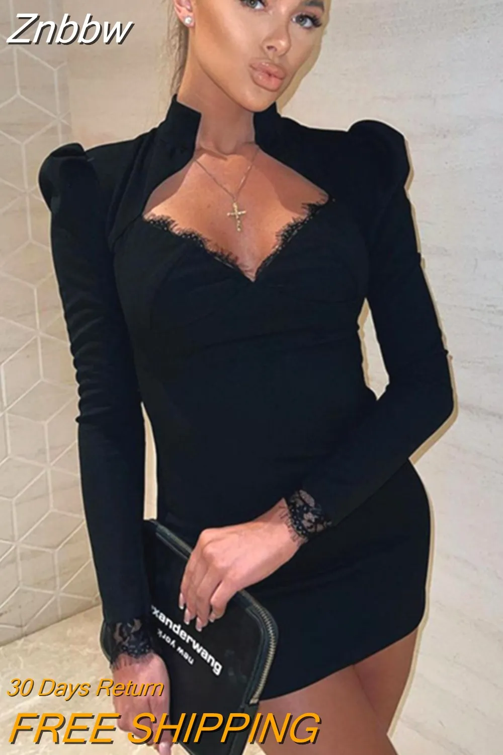 Znbbw Stand Collar Pleated Dress Women Sexy Elegant Bodycon Streewear Latern Sleeve Hollow Out Mini Dress Black Vestidos